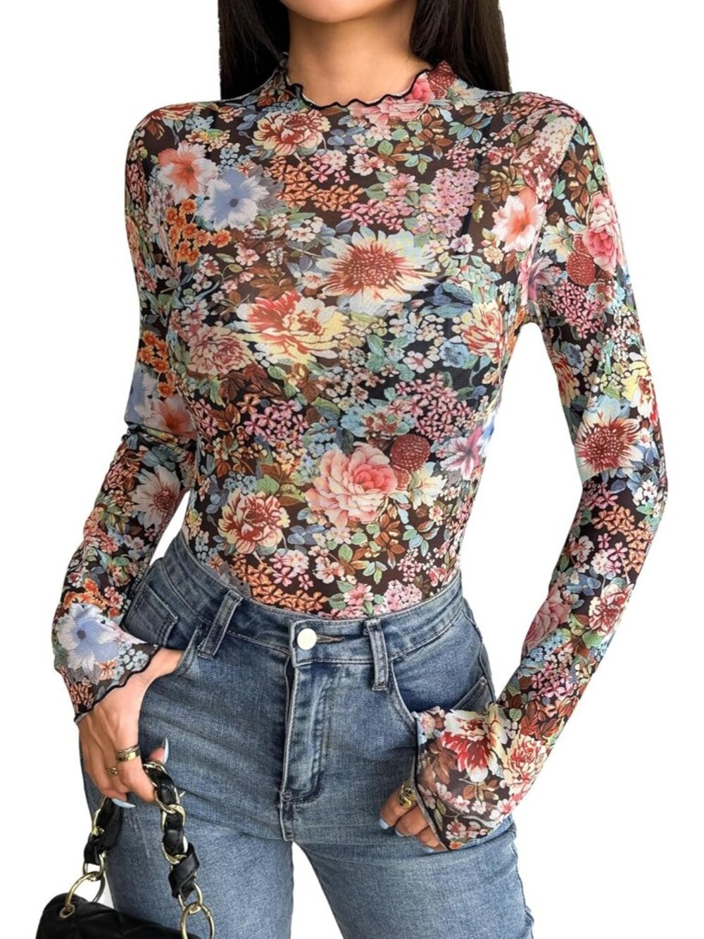 Women's Wf66 Star Polyester Mock Neck Long Sleeve Clubwear Sexy Blouses